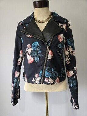 Sachin + Babi Navy Cotton Floral And 100% Leather Lapels And Trim. Size 4